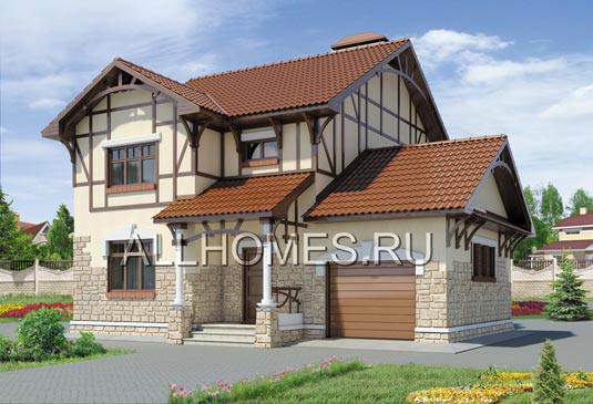 Проект коттеджа с декоративным фахверком на фасадах F-137-1K площадью 137.00 кв.м и материалом кирпич