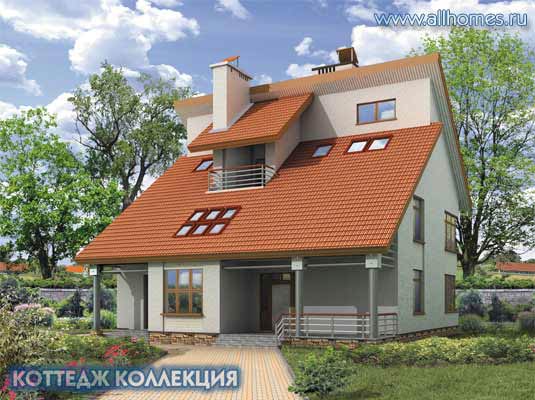 Проект коттеджа с использованием мансардных окон K-303-1K площадью 302.50 кв.м и материалом кирпич