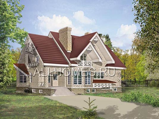 Проект двухэтажного коттеджа облицованного кирпичом K-388-1P площадью 388.10 кв.м и материалом пеноблоки