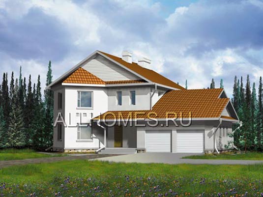 Проект коттеджа с двугранным эркером и камином H-231-1P площадью 230.60 кв.м и материалом пеноблоки
