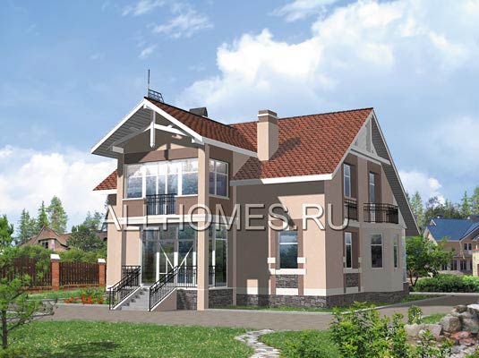 Проект коттеджа с отделкой облицовочным кирпичом K-203-1P площадью 203.20 кв.м и материалом пеноблоки