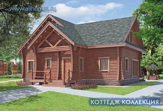 Проект небольшого деревянного коттеджа с открытой террасой J-177-2D площадью 177.40 кв.м и материалом дерево