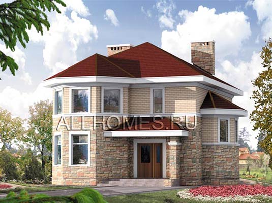 Проект загородного дома с отделкой фасадов природным камнем J-164-1K площадью 163.20 кв.м и материалом кирпич