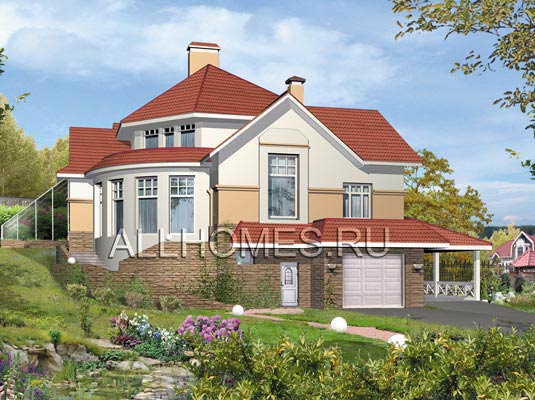 Проект современного коттеджа для участка с большим рельефом K-397-1P площадью 396.50 кв.м и материалом пеноблоки