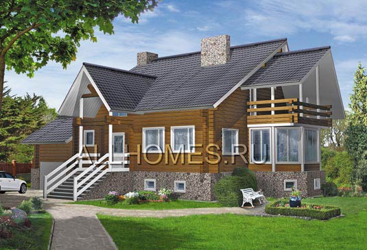 Проект дома из бруса с цоколем и мансардой K-342-1D площадью 342.40 кв.м и материалом дерево