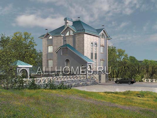 Проект загородного коттеджа с семью спальными комнатами K-412-1K площадью 411.50 кв.м и материалом кирпич
