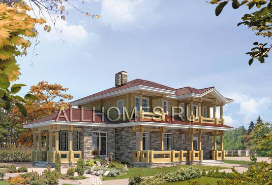 Проект коттеджа с крытой террасой L-216-1D площадью 216.00 кв.м и материалом дерево