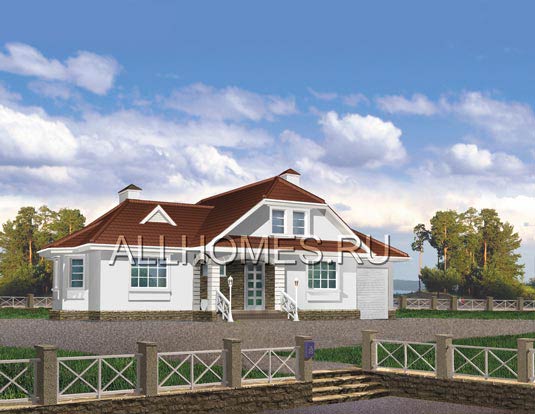 Проект одноэтажного коттеджа с гаражом F-182-1P площадью 181.60 кв.м и материалом пеноблоки