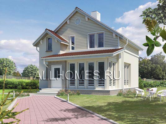 Проект небольшого загородного коттеджа с камином F-109-1P площадью 109.30 кв.м и материалом пеноблоки