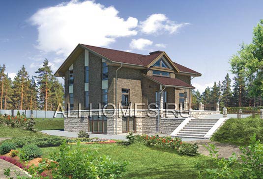 Проект двухэтажного коттеджа с цокольным этажом для участка с большим рельефом M-373-1K площадью 377.12 кв.м и материалом кирпич