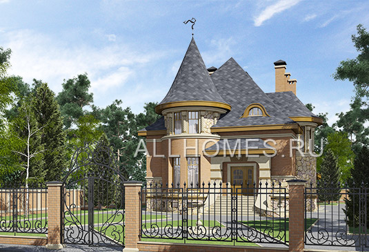 Проект коттеджа с циркульным эркером, украшенным конусным шатром L-318-1K площадью 317.60 кв.м и материалом кирпич