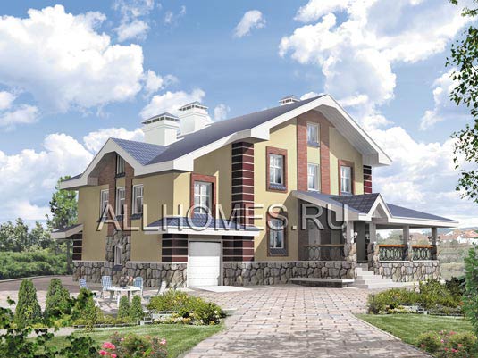 Проект коттеджа с рустовкой из кирпича J-208-1P площадью 207.50 кв.м и материалом пеноблоки