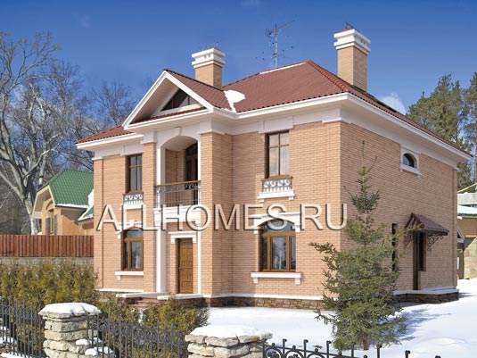 Проект двухэтажного особняка со скатной кровлей K-287-1P площадью 287.80 кв.м и материалом пеноблоки