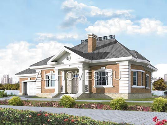 Проект одноэтажного загородного коттеджа из поризованного камня I-168-1K площадью 167.70 кв.м и материалом кирпич