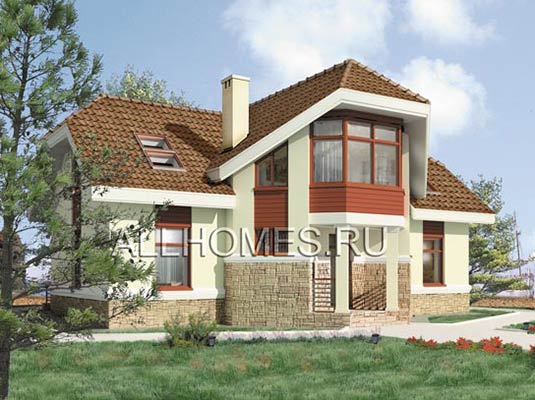 Проект коттеджа с индивидуальной архитектурой K-222-1K площадью 222.10 кв.м и материалом кирпич