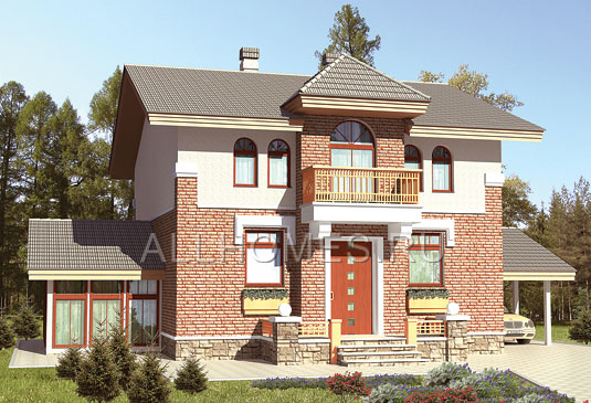 Проект одноэтажного дома с террасой, верандой и навесом для автомобиля J-141-1P площадью 141.30 кв.м и материалом пеноблоки