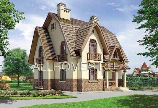 Проект загородного особняка с французскими балконами H-157-1P площадью 157.20 кв.м и материалом пеноблоки