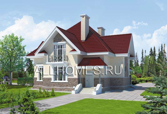 Проект загородного коттеджа с отделкой облицовочным кирпичом K-219-1K площадью 220.10 кв.м и материалом кирпич