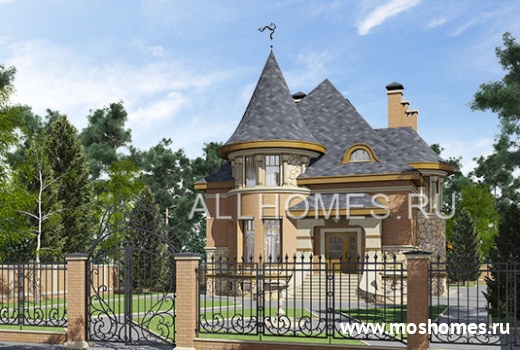 L-318-1K Проект коттеджа с циркульным эркером, украшенным конусным шатром