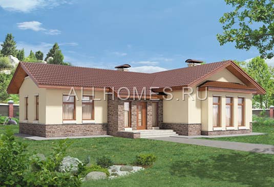 Проект одноэтажного загородного дома Г-образной формы J-145-1P площадью 144.70 кв.м и материалом пеноблоки