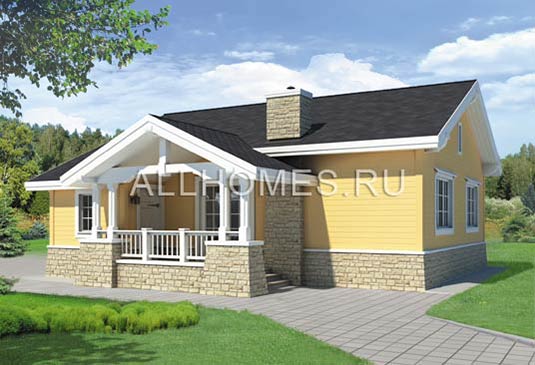 Проект одноэтажного коттеджа облицованного природными материалами F-075-1P площадью 75.60 кв.м и материалом пеноблоки